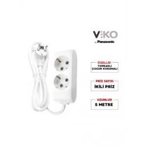 VİKO Multilet İkili 5mt Kablolu BEYAZ Grup Priz 2li 5 Metre Ara Kablo Topraklı Klemensli