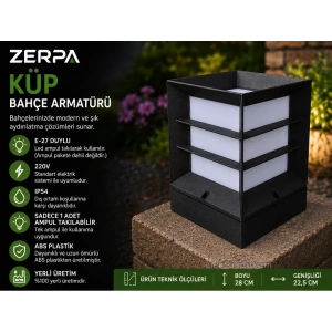 ZERPA Kare Küp Izgaralı SİYAH Bahçe Armatür ABS Plastik E-27 Duylu