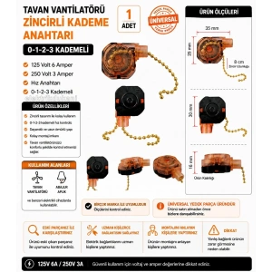 Zincirli Tavan Vantilatörü Hız Anahtarı 0-1-2-3 3 Kademeli Anahtar