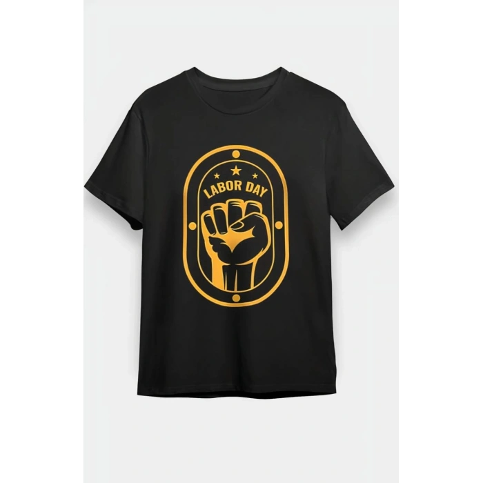 1 Mayıs Labor Day Emekçi Temalı Baskılı Oversize Bisiklet Yaka T-shirt - Siyah