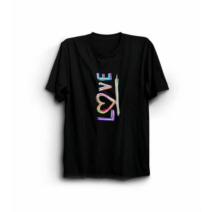 14 Şubat Sevgililer Günü Love Baskılı Oversize Bisiklet Yaka T-shirt - Siyah