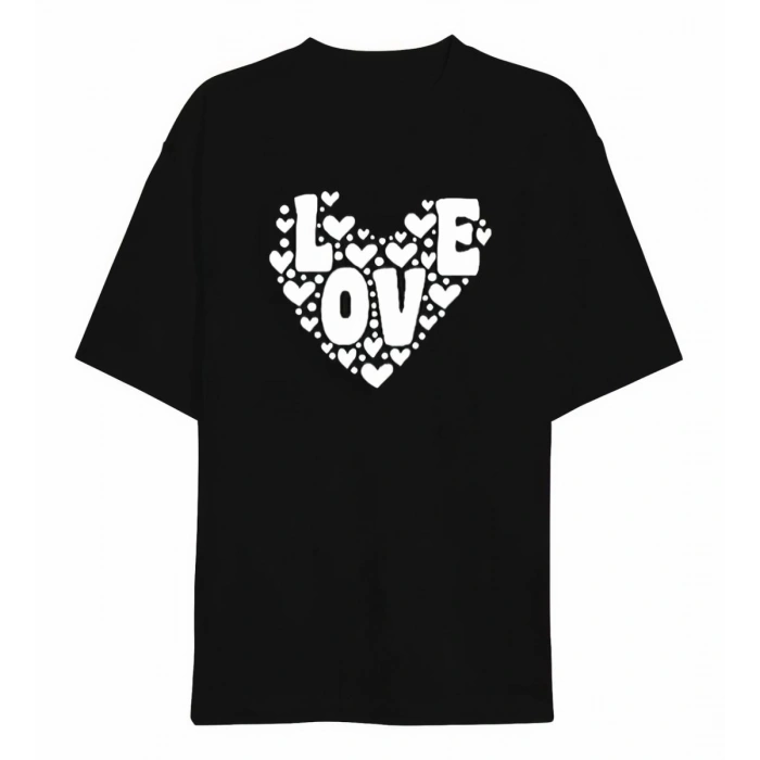 14 Şubat Sevgililer Günü Love Kalp Baskılı Oversize Bisiklet Yaka T-shirt - Siyah