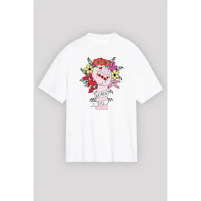 8 Mart Dünya Kadınlar Günü İçin Tişört Özel Baskılı T-shirt - Beyaz