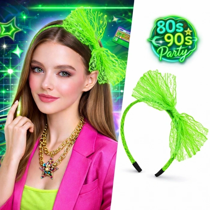 80’ler 90’lar Neon Yeşil Dantel Taç Fiyonklu