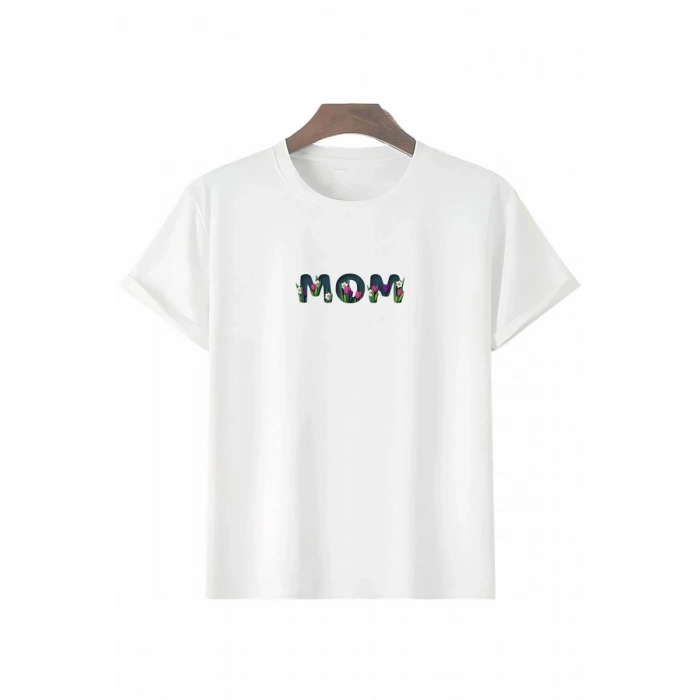 Anneler Günü Hediye Mom Çiçek Baskılı Oversize Bisiklet Yaka T-shirt - Beyaz