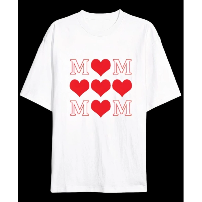 Anneler Günü Hediye MOM Kalp Baskılı Oversize Bisiklet Yaka T-shirt - Beyaz