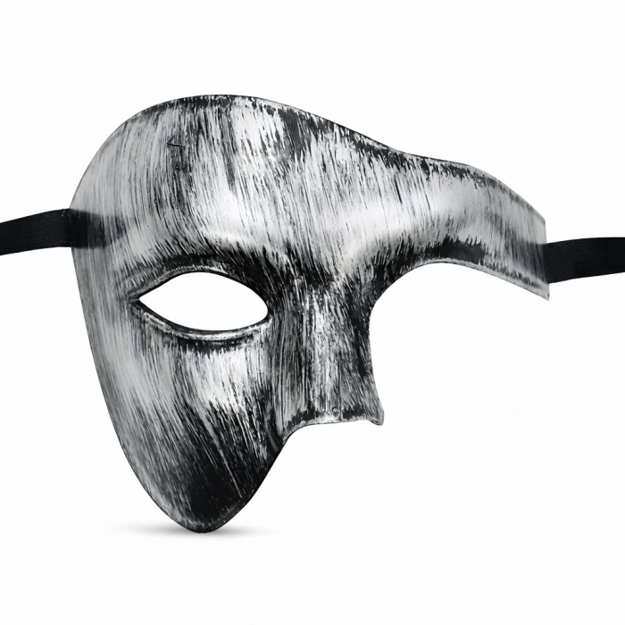 Antik Eskitme Gümüş Erkek Yarım Maske - Phantom Parti  Balo Maskesi