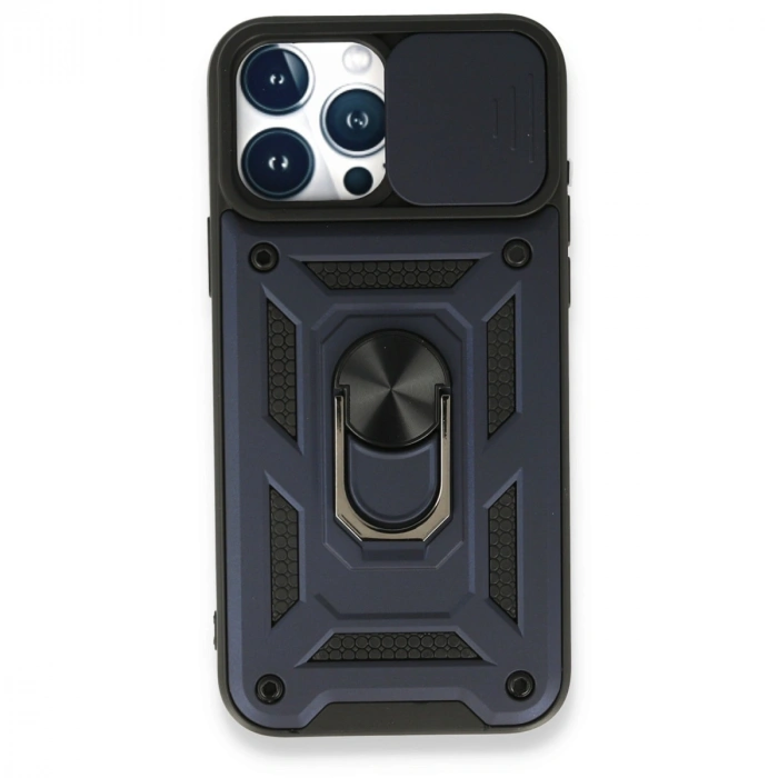 Apple İphone 15 Pro Max Kılıf Pars Lens Yüzüklü Silikon - Lacivert