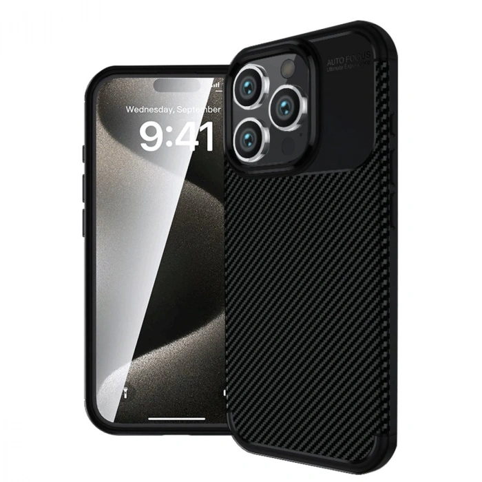 Apple İphone 16 Pro Kılıf Auto Focus Karbon Kapak - Siyah