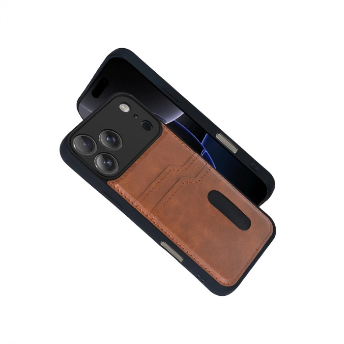 Apple İphone 17 Pro Sara Kartvizitli Deri Kılıf - Taba