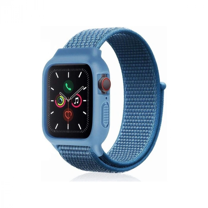 Apple Watch 42mm Hasırlı Cırtcırtlı Kasalı Kordon (saat Değildir) - Mavi