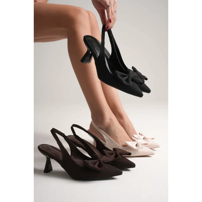 Bej Fiyonklu Kitten Topuklu Slingback Kadın Ayakkabı TR08MS24B