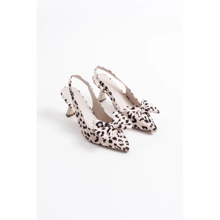Bej Leopar Fiyonklu Kitten Topuklu Slingback Kadın Ayakkabı TR08MS24E