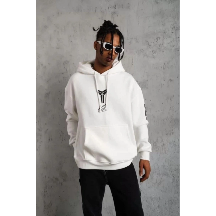 BErkek 3 İplik Pamuklu Kapüşonlu Baskılı Cepli Oversize Sweatshirt Hoodie - eyaz