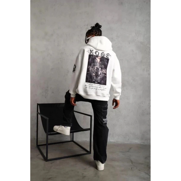 BErkek 3 İplik Pamuklu Kapüşonlu Baskılı Cepli Oversize Sweatshirt Hoodie - eyaz