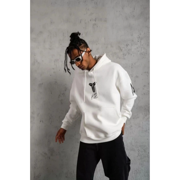 BErkek 3 İplik Pamuklu Kapüşonlu Baskılı Cepli Oversize Sweatshirt Hoodie - eyaz