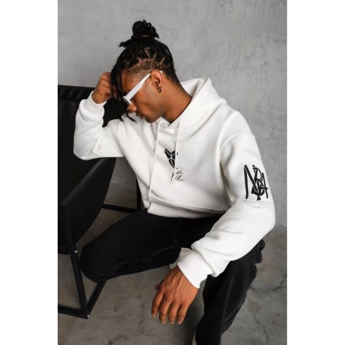 BErkek 3 İplik Pamuklu Kapüşonlu Baskılı Cepli Oversize Sweatshirt Hoodie - eyaz