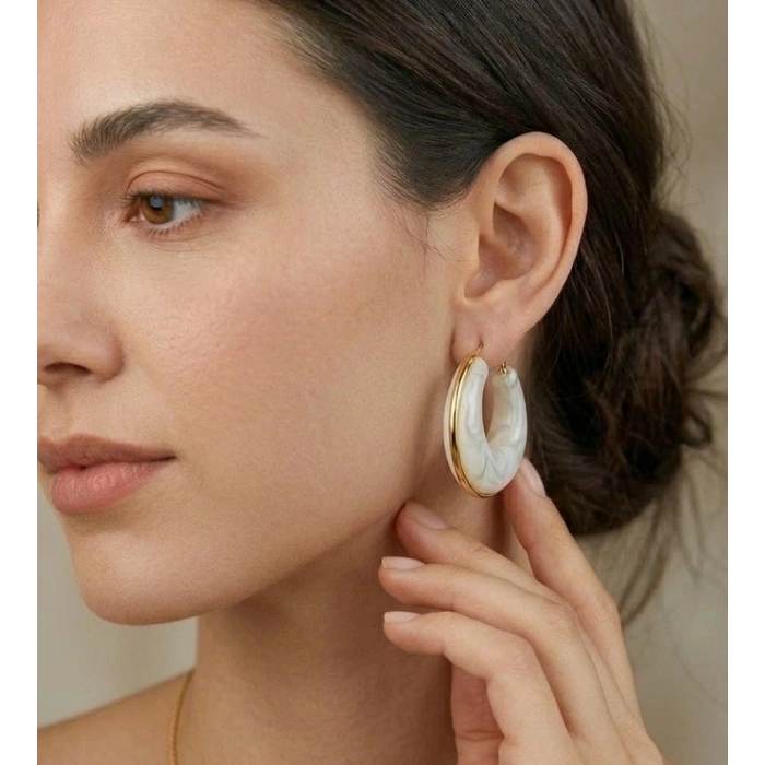 Beyaz Marble Gold Halka Küpe