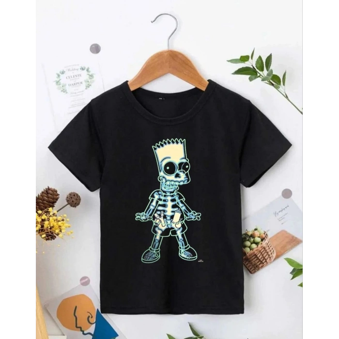 Çoçuk Bisiklet Yaka Kısa Kol Baskılı T-Shirt - Siyah