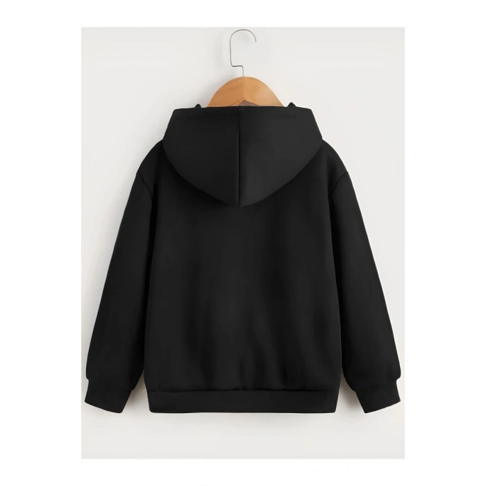 Çocuk Unisex Kapüşonlu Çizgi Kalp Baskılı Sweatshirt - Siyah