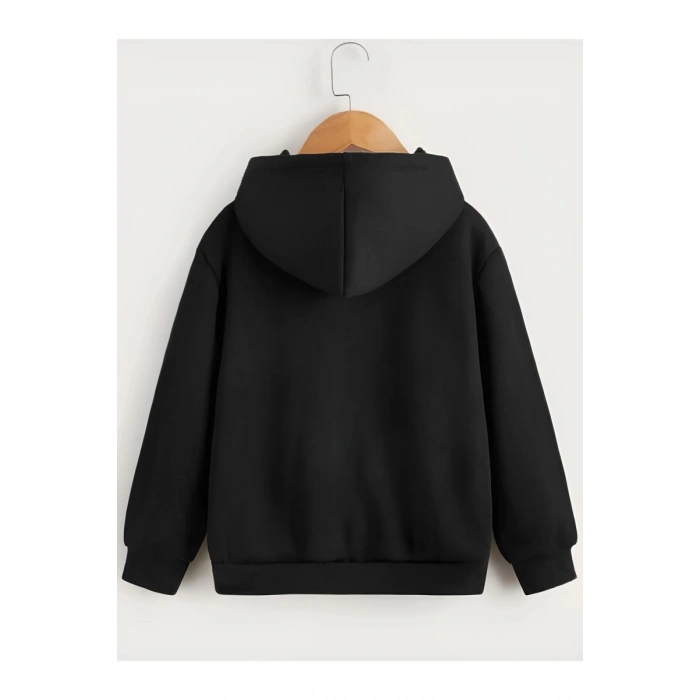 Çocuk Unisex Kapüşonlu Tatlı Kedi Baskılı Sweatshirt - Siyah