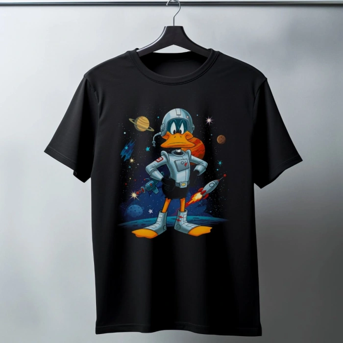Duck Dodgers Uzay Baskılı Unisex Siyah Oversize Tişört - 24/1 Penye