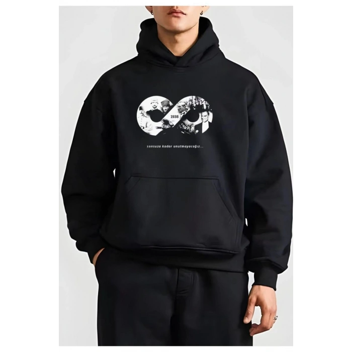 Erkek 10 Kasıma Özel 3 İplik Kapüşonlu Baskılı SweatShirt Hoodie - Siyah