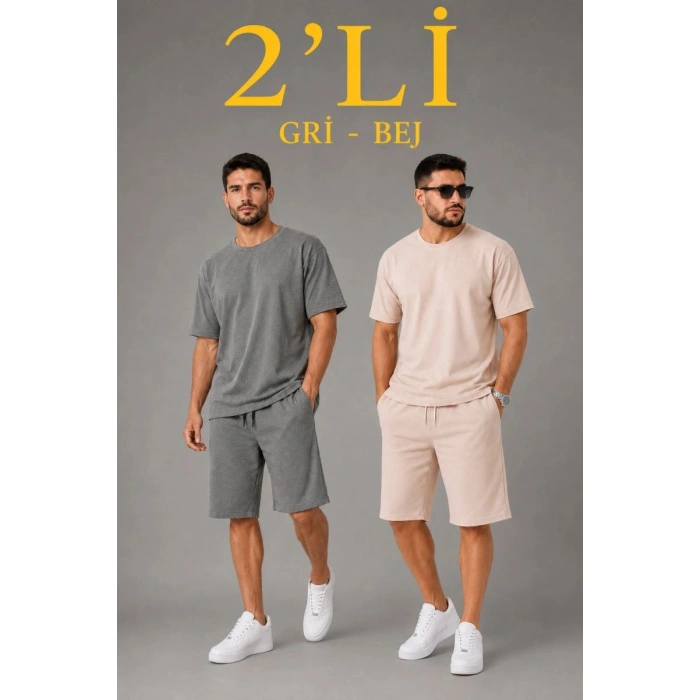 Erkek 2’li Oversize Tişört Şort Takım Seti Yazlık İki İplik Kumaş - Gri, Bej