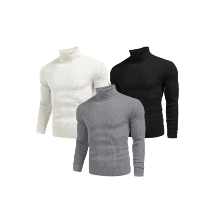 Erkek 3 Adet Kaşkorse Boğazlı Full Likralı Fitilli Slimfit Body