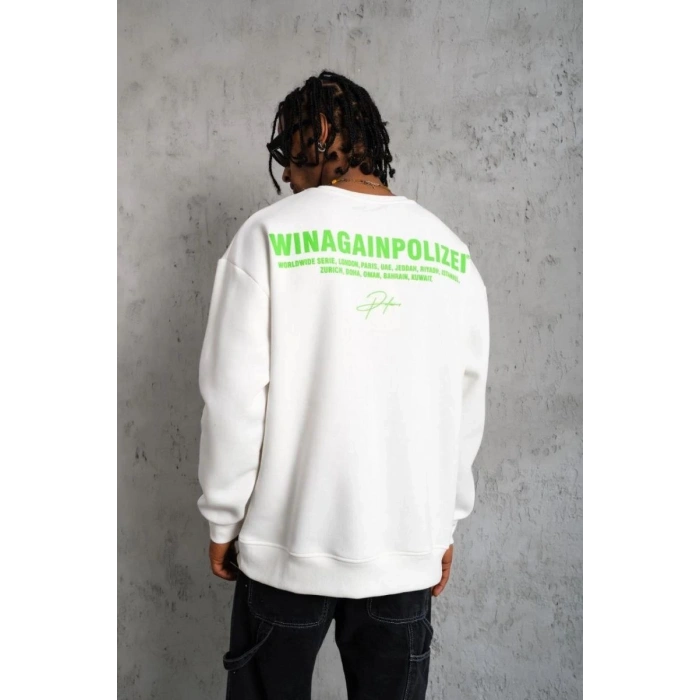 Erkek 3 iplik Bisiklet yaka Baskılı Sweatshirt - Beyaz