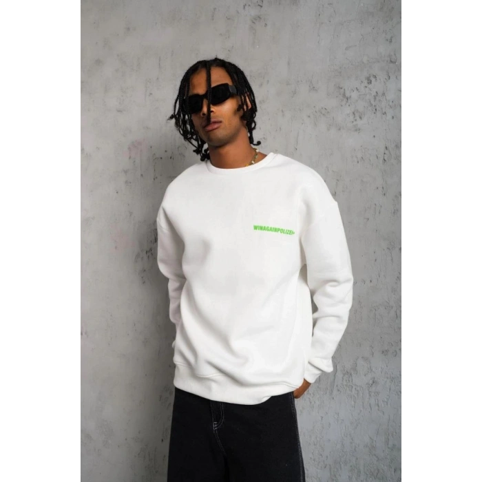 Erkek 3 iplik Bisiklet yaka Baskılı Sweatshirt - Beyaz
