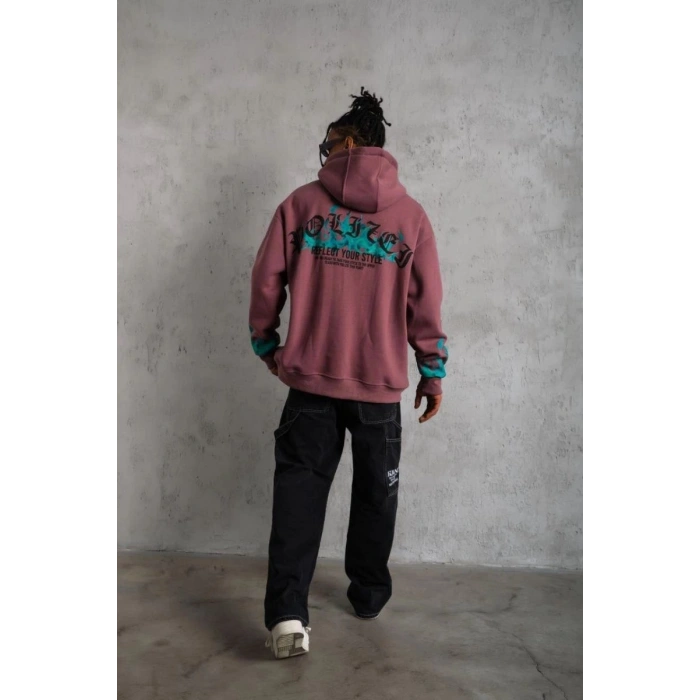 Erkek 3 İplik içi Pamuklu Alev Baskılı Kapüşonlu hoodie Sweatshirt - Gül Kurusu