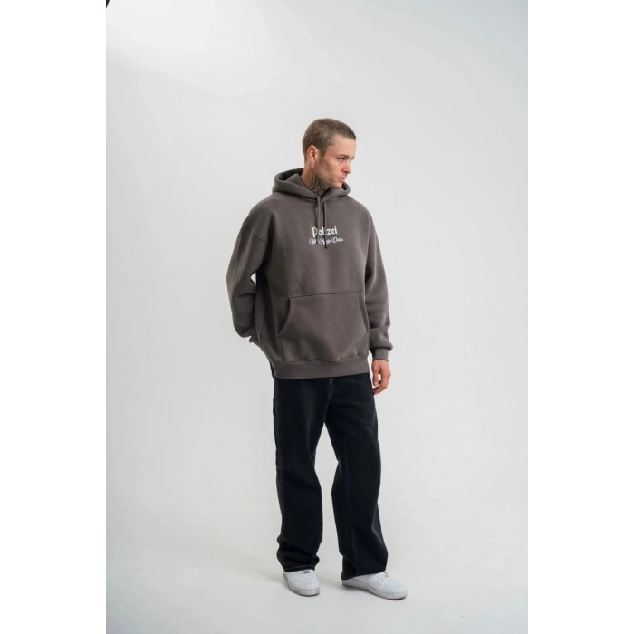 Erkek 3 İplik Kapüşonlu Hoodie Dijital Patchli SweatShirt - Füme