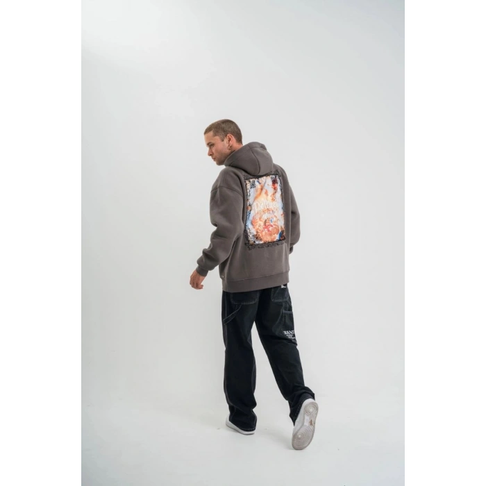 Erkek 3 İplik Kapüşonlu Hoodie Dijital Patchli SweatShirt - Füme