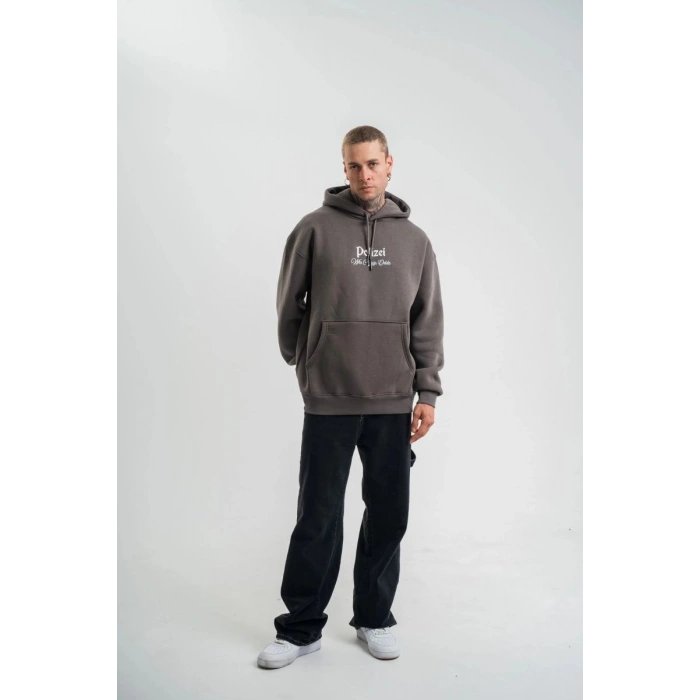 Erkek 3 İplik Kapüşonlu Hoodie Dijital Patchli SweatShirt - Füme