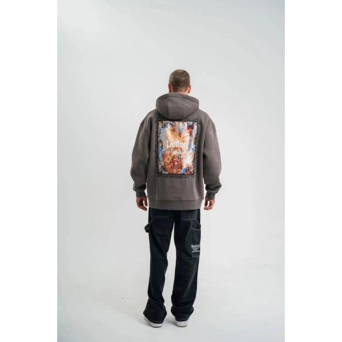 Erkek 3 İplik Kapüşonlu Hoodie Dijital Patchli SweatShirt - Füme