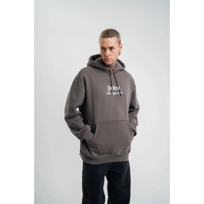 Erkek 3 İplik Kapüşonlu Hoodie Dijital Patchli SweatShirt - Füme
