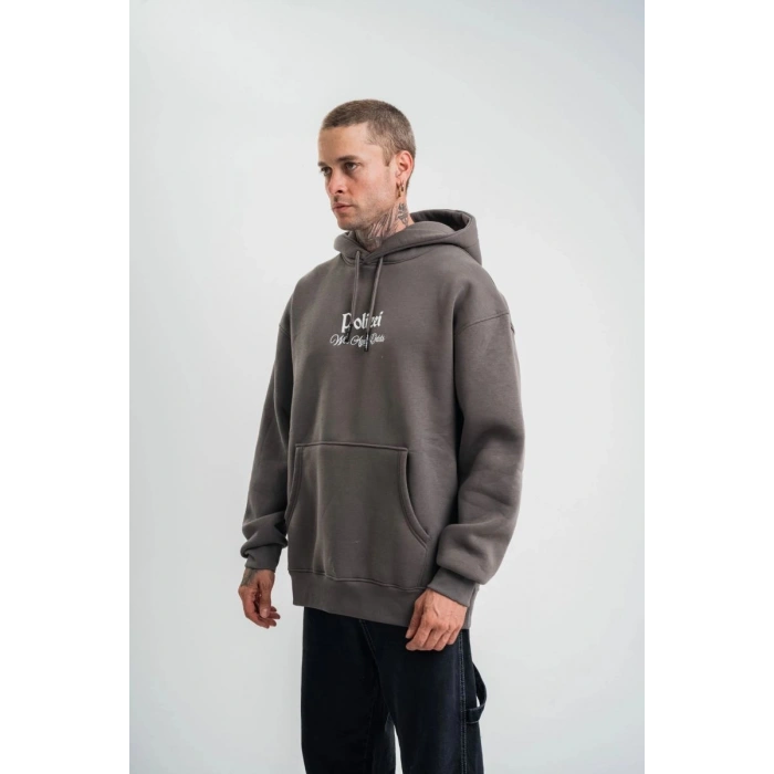 Erkek 3 İplik Kapüşonlu Hoodie Dijital Patchli SweatShirt - Füme