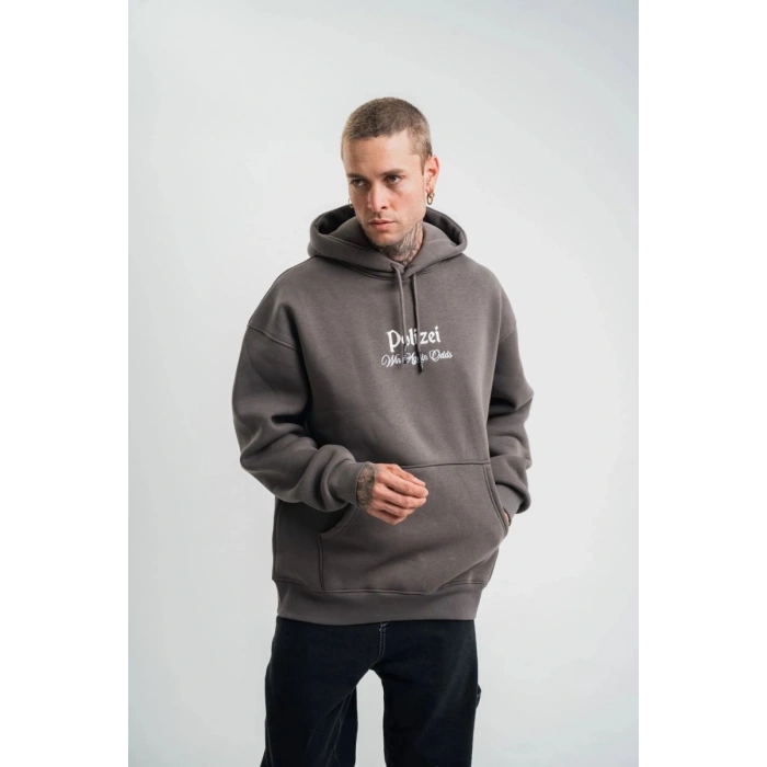 Erkek 3 İplik Kapüşonlu Hoodie Dijital Patchli SweatShirt - Füme
