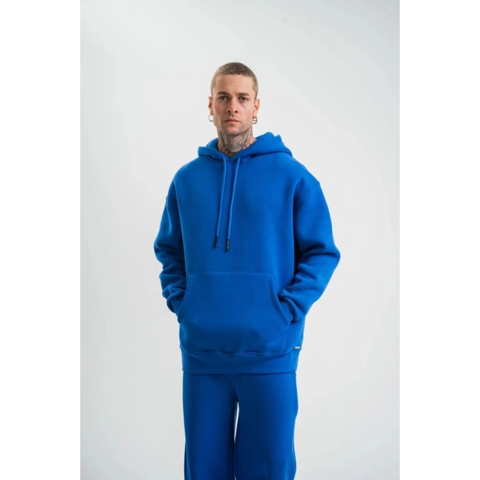 ERKEK 3 İplik Oversize Kapşonlu Basic SweatShirt Hoodie - Mavi