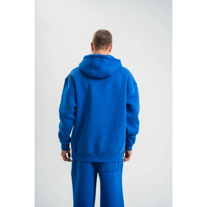 ERKEK 3 İplik Oversize Kapşonlu Basic SweatShirt Hoodie - Mavi