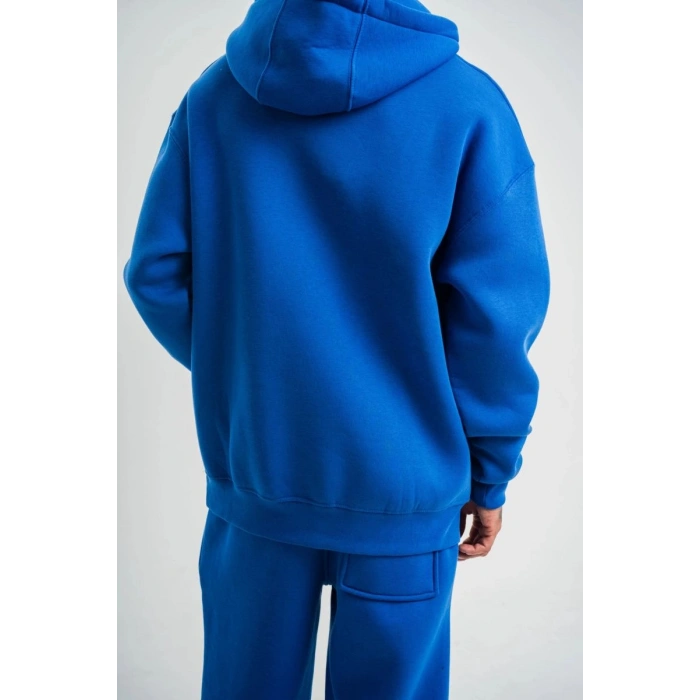 ERKEK 3 İplik Oversize Kapşonlu Basic SweatShirt Hoodie - Mavi