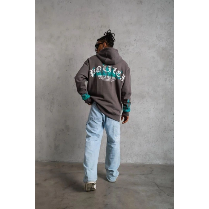 Erkek 3 iplik Pamuklu Alev Baskılı Kapüşonlu hoodie Sweatshirt - Gri