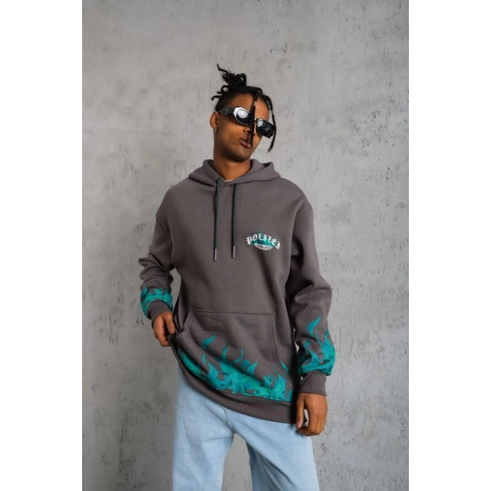 Erkek 3 iplik Pamuklu Alev Baskılı Kapüşonlu hoodie Sweatshirt - Gri