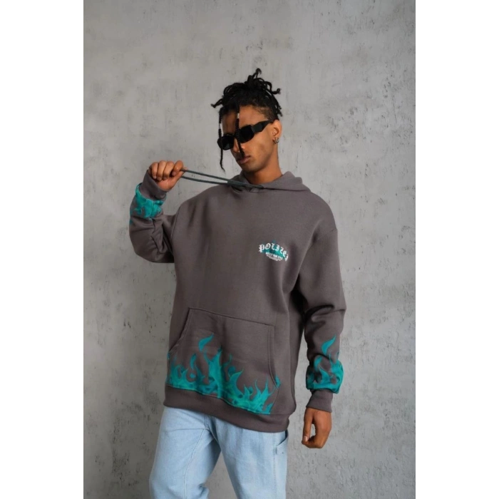 Erkek 3 iplik Pamuklu Alev Baskılı Kapüşonlu hoodie Sweatshirt - Gri