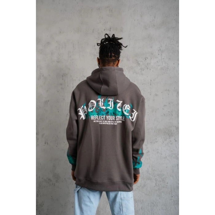 Erkek 3 iplik Pamuklu Alev Baskılı Kapüşonlu hoodie Sweatshirt - Gri