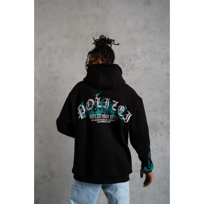 Erkek 3 İplik Pamuklu Alev Baskılı Kapüşonlu hoodie Sweatshirt - Siyah
