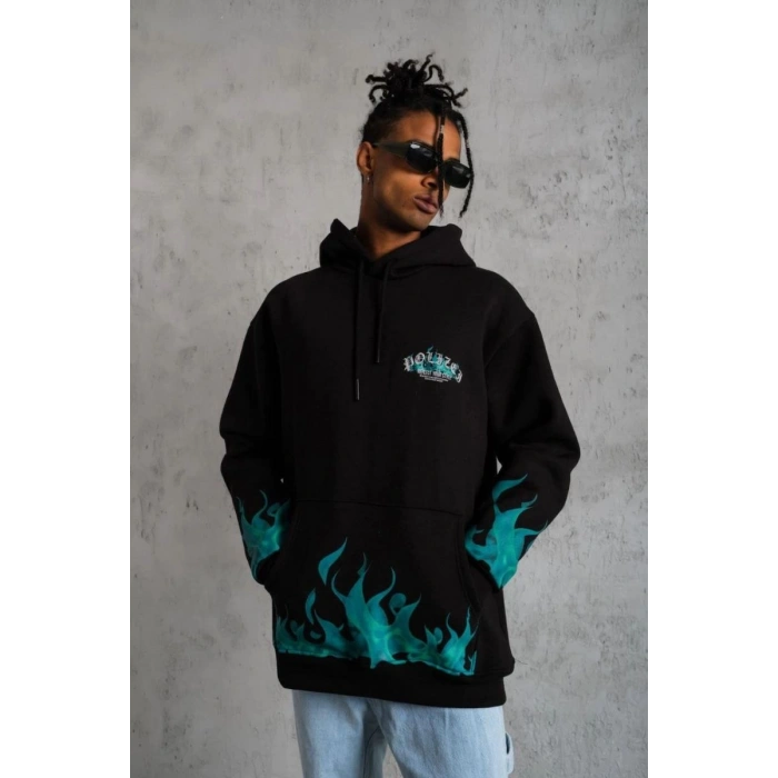 Erkek 3 İplik Pamuklu Alev Baskılı Kapüşonlu hoodie Sweatshirt - Siyah