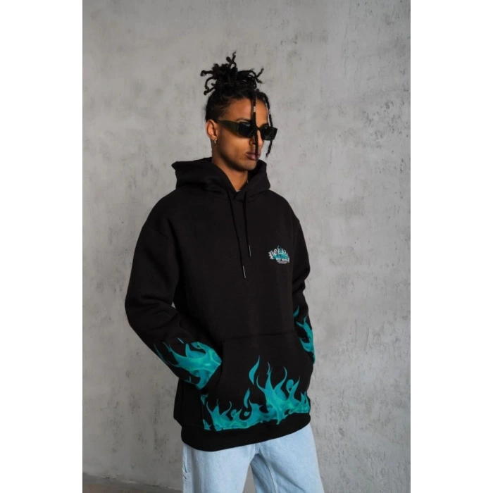 Erkek 3 İplik Pamuklu Alev Baskılı Kapüşonlu hoodie Sweatshirt - Siyah