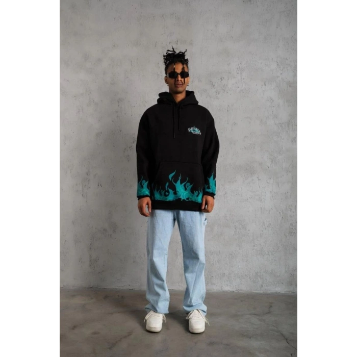 Erkek 3 İplik Pamuklu Alev Baskılı Kapüşonlu hoodie Sweatshirt - Siyah